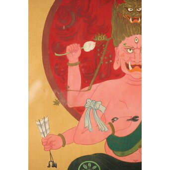 秀麗作 愛染明王図 仏画 絹本 唐木額装　Z292 