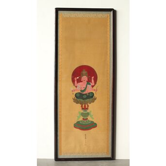 秀麗作 愛染明王図 仏画 絹本 唐木額装　Z292