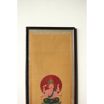 秀麗作 愛染明王図 仏画 絹本 唐木額装　Z292 