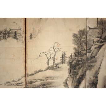 永冨等原 永富家 雲谷派 雪舟風山水図 半双屏風　Z297 