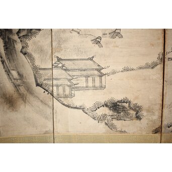 永冨等原 永富家 雲谷派 雪舟風山水図 半双屏風　Z297 