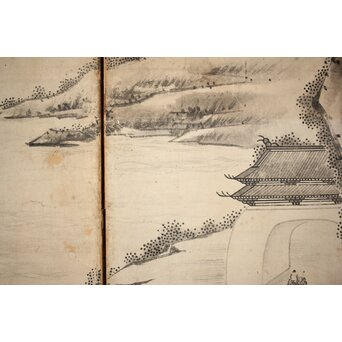 永冨等原 永富家 雲谷派 雪舟風山水図 半双屏風　Z297 