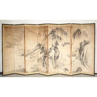 永冨等原 永富家 雲谷派 雪舟風山水図 半双屏風　Z297