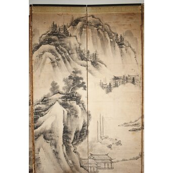 永冨等原 永富家 雲谷派 雪舟風山水図 半双屏風　Z297 