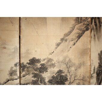 永冨等原 永富家 雲谷派 雪舟風山水図 半双屏風　Z297 