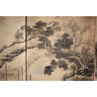 永冨等原 永富家 雲谷派 雪舟風山水図 半双屏風　Z297 