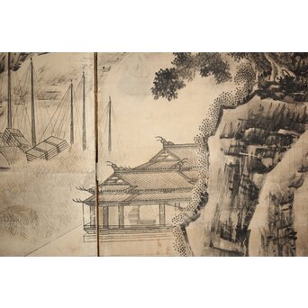 永冨等原 永富家 雲谷派 雪舟風山水図 半双屏風　Z297 