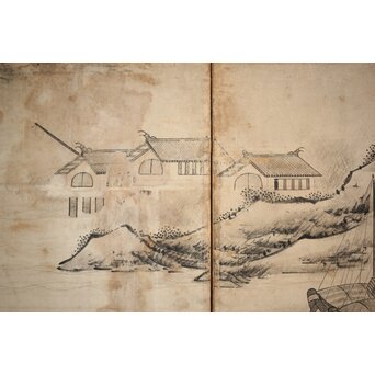 永冨等原 永富家 雲谷派 雪舟風山水図 半双屏風　Z297 