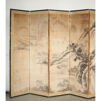 永冨等原 永富家 雲谷派 雪舟風山水図 半双屏風　Z297 