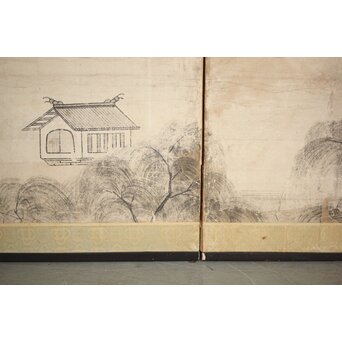 永冨等原 永富家 雲谷派 雪舟風山水図 半双屏風　Z297 