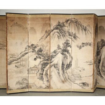 永冨等原 永富家 雲谷派 雪舟風山水図 半双屏風　Z297 