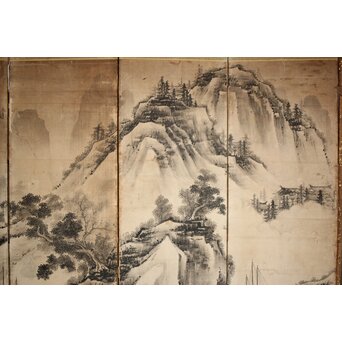 永冨等原 永富家 雲谷派 雪舟風山水図 半双屏風　Z297 