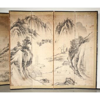 永冨等原 永富家 雲谷派 雪舟風山水図 半双屏風　Z297 