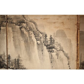永冨等原 永富家 雲谷派 雪舟風山水図 半双屏風　Z297 