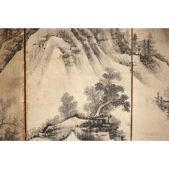 永冨等原 永富家 雲谷派 雪舟風山水図 半双屏風　Z297 