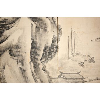 永冨等原 永富家 雲谷派 雪舟風山水図 半双屏風　Z297 