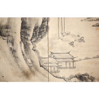 永冨等原 永富家 雲谷派 雪舟風山水図 半双屏風　Z297 