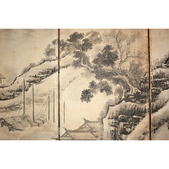 永冨等原 永富家 雲谷派 雪舟風山水図 半双屏風　Z297 