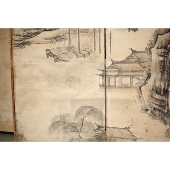 永冨等原 永富家 雲谷派 雪舟風山水図 半双屏風　Z297 