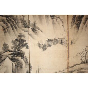 永冨等原 永富家 雲谷派 雪舟風山水図 半双屏風　Z297 