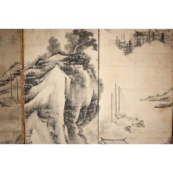 永冨等原 永富家 雲谷派 雪舟風山水図 半双屏風　Z297 