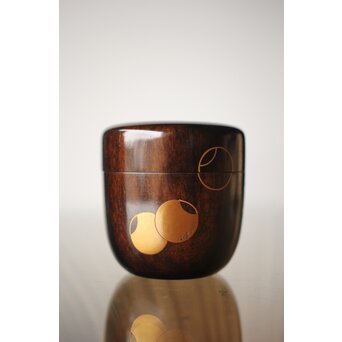 塗師 道場江春 黒柿壺々蒔絵 中棗 共箱　Q303 