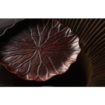 篠原石山作 蓮葉松木彫香盆　X352 