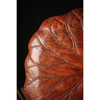 篠原石山作 蓮葉松木彫香盆　X352 