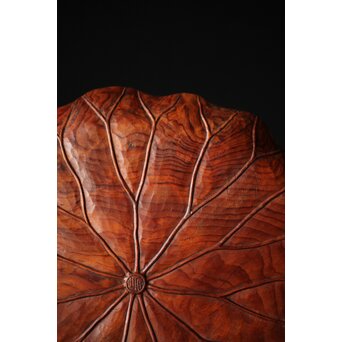 篠原石山作 蓮葉松木彫香盆　X352 