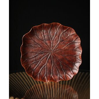 篠原石山作 蓮葉松木彫香盆　X352