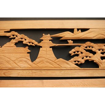 楼閣図 枠無木彫欄間 4枚1組　R0188 