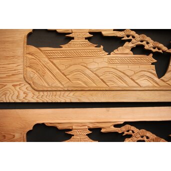 楼閣図 枠無木彫欄間 4枚1組　R0188 