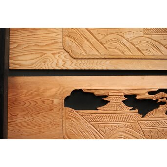 楼閣図 枠無木彫欄間 4枚1組　R0188 