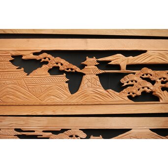 楼閣図 枠無木彫欄間 4枚1組　R0188 