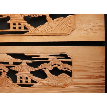 楼閣図 枠無木彫欄間 4枚1組　R0188 