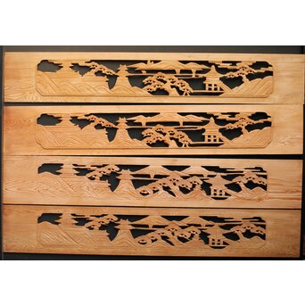 楼閣図 枠無木彫欄間 4枚1組　R0188