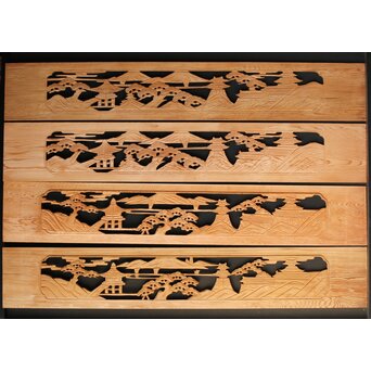 楼閣図 枠無木彫欄間 4枚1組　R0188 