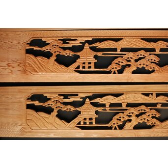 楼閣図 枠無木彫欄間 4枚1組　R0188 