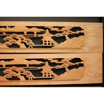 楼閣図 枠無木彫欄間 4枚1組　R0188 