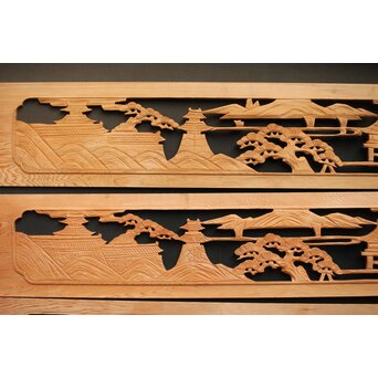 楼閣図 枠無木彫欄間 4枚1組　R0188 