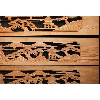 楼閣図 枠無木彫欄間 4枚1組　R0188 