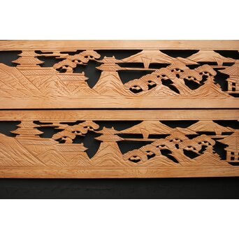 楼閣図 枠無木彫欄間 4枚1組　R0188 