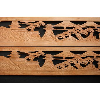 楼閣図 枠無木彫欄間 4枚1組　R0188 