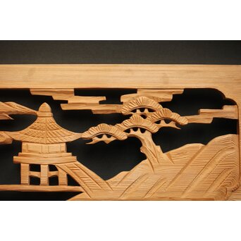 楼閣図 枠無木彫欄間 4枚1組　R0188 