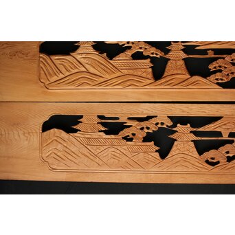 楼閣図 枠無木彫欄間 2枚1組　R0189 