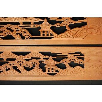 楼閣図 枠無木彫欄間 2枚1組　R0189 