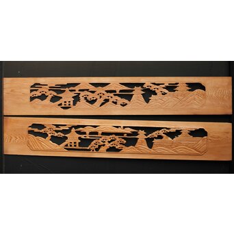 楼閣図 枠無木彫欄間 2枚1組　R0189