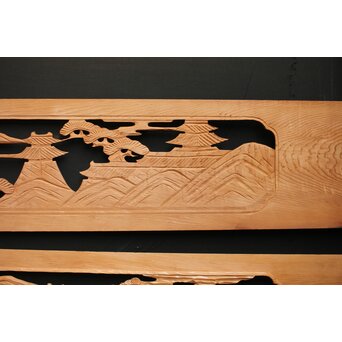 楼閣図 枠無木彫欄間 2枚1組　R0189 