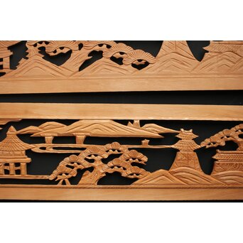 楼閣図 枠無木彫欄間 2枚1組　R0189 