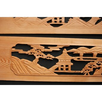 楼閣図 枠無木彫欄間 2枚1組　R0189 